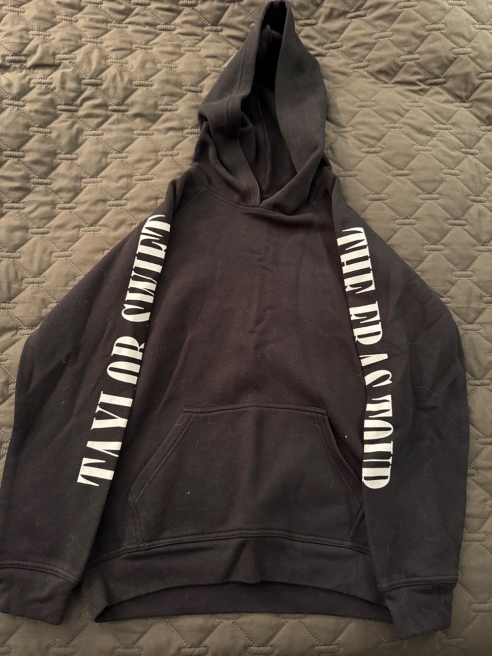 Off-brand Taylor Swift Black Hoodie with White Sleeve Lettering